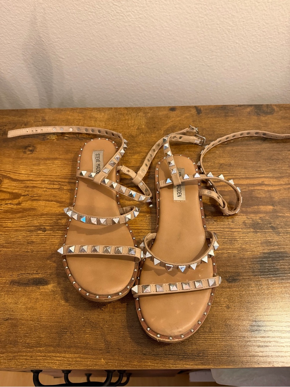 Steve Madden Nude Tan Pyramid Stud Leather Wrap Sandals